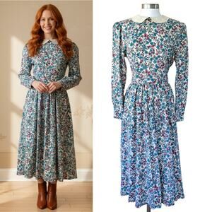 Vintage Lanz Floral Midi Maxi Dress Size 12 Cottagecore Blue Pink Retro Modest